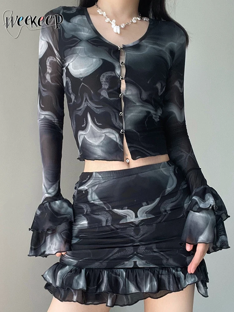 

Weekeep See Through Mesh Skirt Two Piece Sets Button Up Split Crop Top and Low Rise Mini Skirts Suits Women Tie Dye Outfits y2k