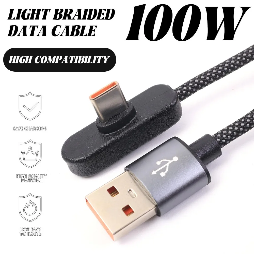 Фото Кабель для быстрой зарядки USB-C 100 Вт 6 А, плоский, 90 см °   Плетеный кабель-зарядка с угловым разъемом для смартфонов, планшетов и ноутбуков №2