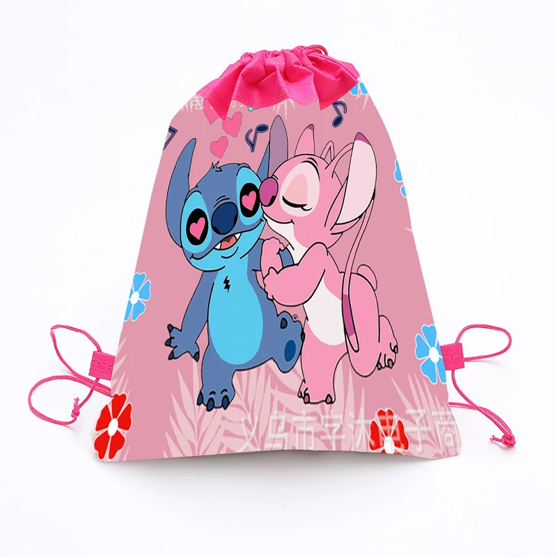 

12pcs/Lot Pink Lilo Stitch Theme Mochila Happy Birthday Party Non-woven Fabrics Kids Girls Boy Favors Drawstring Loot Gifts Bags