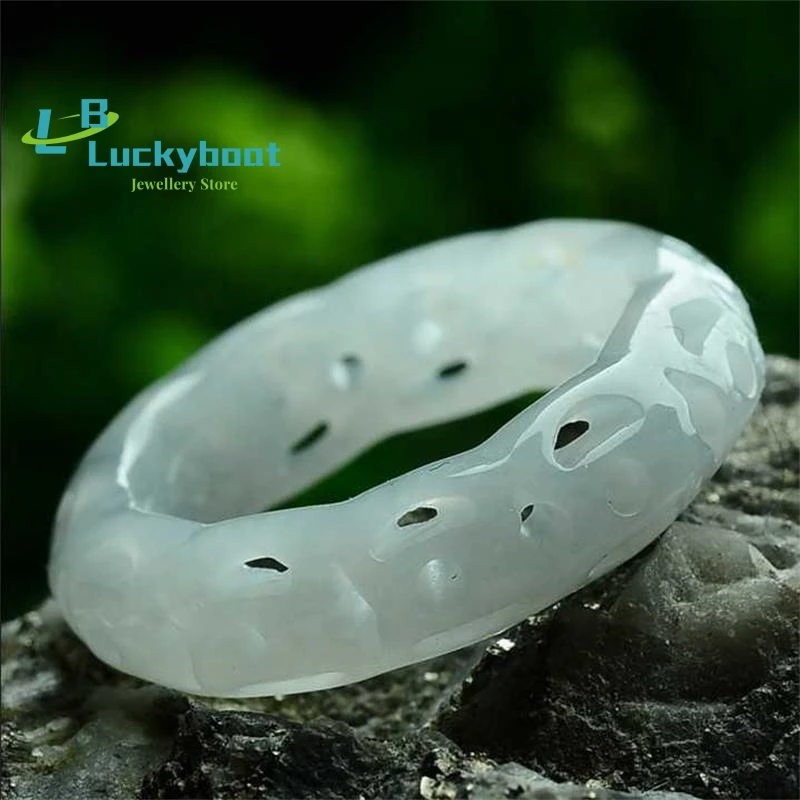 

100%7A Myanmar emerald green jade ring handmade hollow Carving pattern jade rings jade jewelry inner diam16-21mm