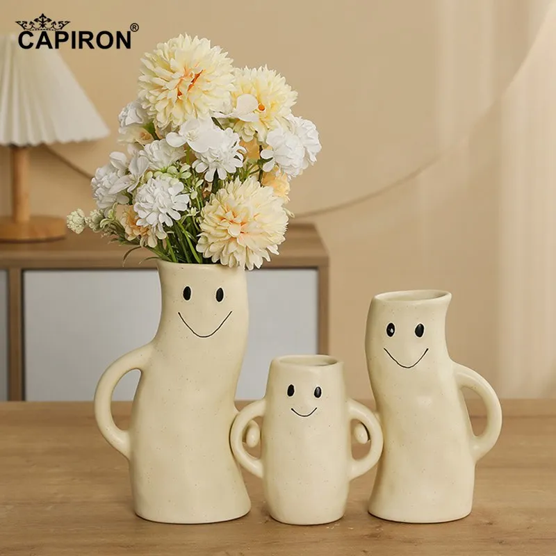 

Керамическая ваза «улыбающаяся семья», бежевая фигурка влюбленных пар, Цветочный контейнер, интерьер гостиной, настольное украшение для дома