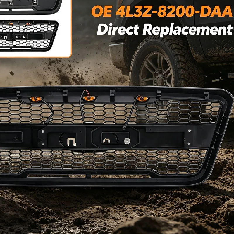 Передняя решетка в стиле Raptor подходит для Ford F‑150 2004‑2008 годов выпуска, сетчатая решетка с LED-дневными ходовыми огнями и янтарными габаритными огнями, оригинальный номер 4L3Z‑8200‑DAA. (art.: 3920dd0bfeabe) - 3920dd0bfeabe