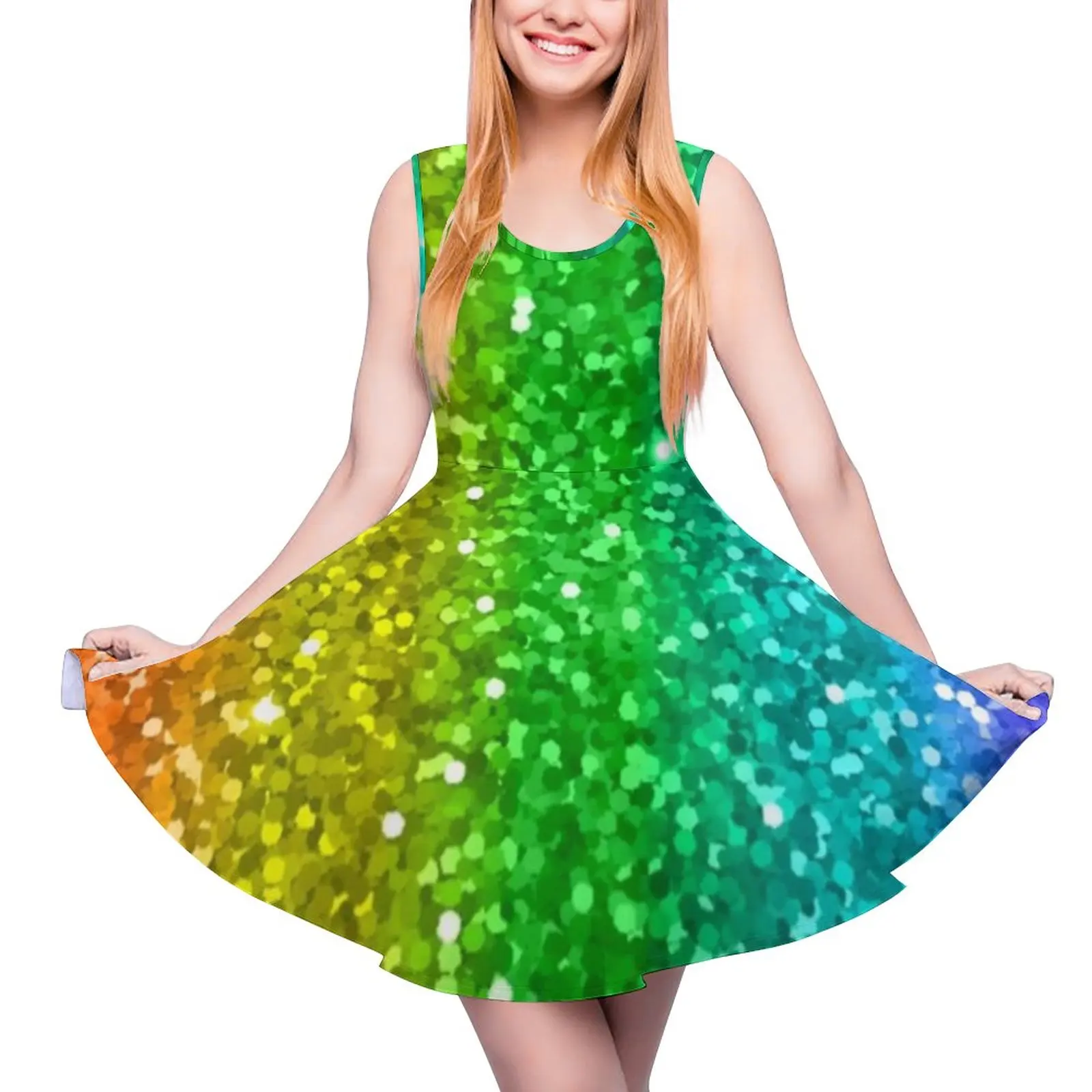 

Красочное блестящее платье, Современные Блестящие радужные платья с высокой талией, Повседневное платье для скейтбординга, женское платье ...