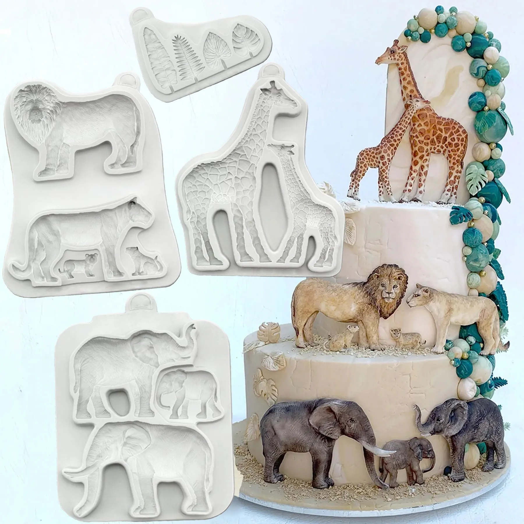 

Animal Lion ，Elephant And Giraffe Family Jungle Leaves Fondant Cake Decorating Silicone Mould Sugarcraft Chocolate Baking Tool