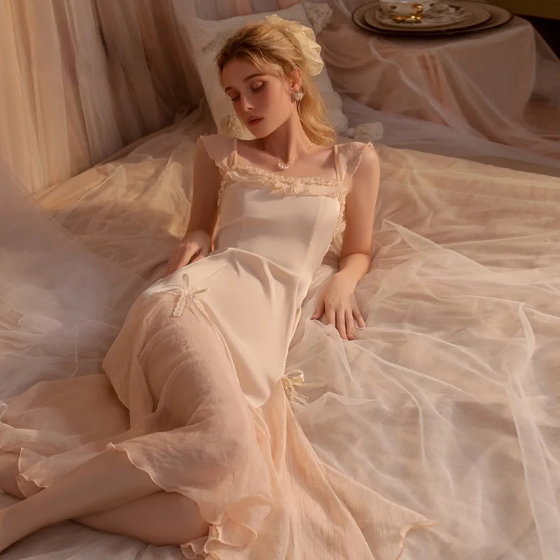 Lisacmvpnel Solid Color Long Design Women Nightdress Backless Gauze Lace Patchwork Nightwear