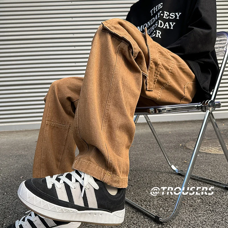 Brown Black Baggy Jeans Men Fashion Vintage Pocket Cargo Jeans Men Japanese Streetwear Hip-hop Loose Straight Denim Trousers Men