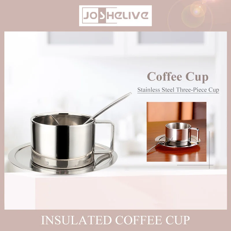 

Double Wall Anti Scalding Coffee Mug Insulated Stainless Steel Polishing Beer Tea Juice Drinking Cup With Saucer Spoon Set