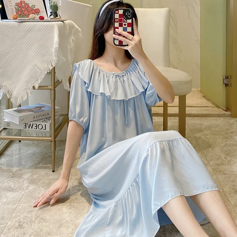 Women's Dresses 2023 Trend Boat Neck Holiday Two Pronged Pajama Skirt Cotton Homewear Back Night Outfit Youth Gown For Ladies