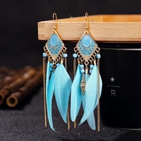 summer blue long feather dangle earrings for women beach chain tassel drop earrings wedding bride jewelry oorbellen hangers