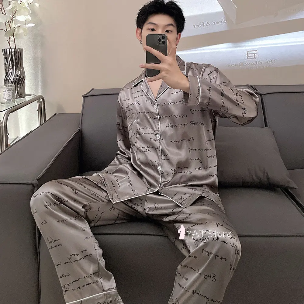 Men Silk Satin Pajamas Set Pajama Man Sleepwear Set Large Size  Long Sleeve Loungewear Oversize Pajamas 7XL Pyjamas Home Suit