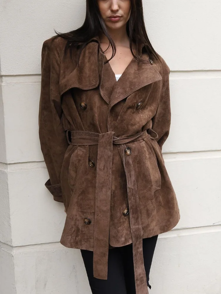 Новинка 2024 шикарная двубортная замшевая куртка с поясом для женщин классические