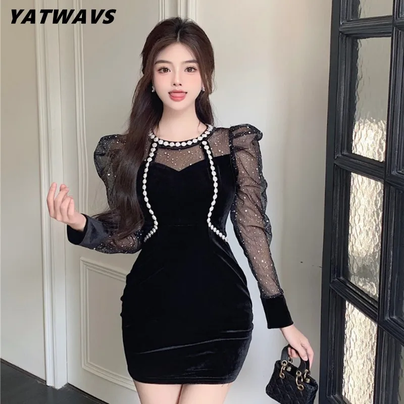 

YATWAVS Vintage Mesh Patchwork Velvet Black Mini Dress Women Fashion Beaded Perspective Puff Sleeve Short Dress Vestidos