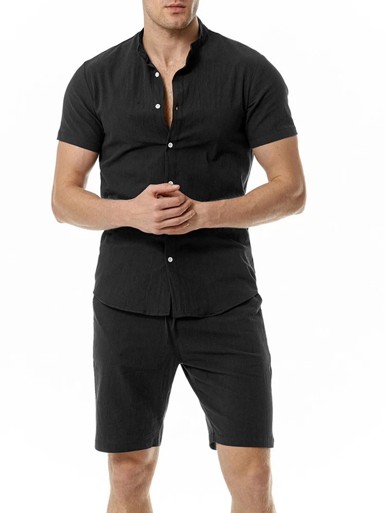 

2 Pieces Shorts Sets Men Henry Collar Short Sleeve Shirt & Shorts