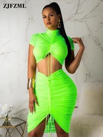 neon green yellow sexy two piece set women turtleneck short sleeve crop top pleated bodycon dress tracksuit 2 piece club outfit