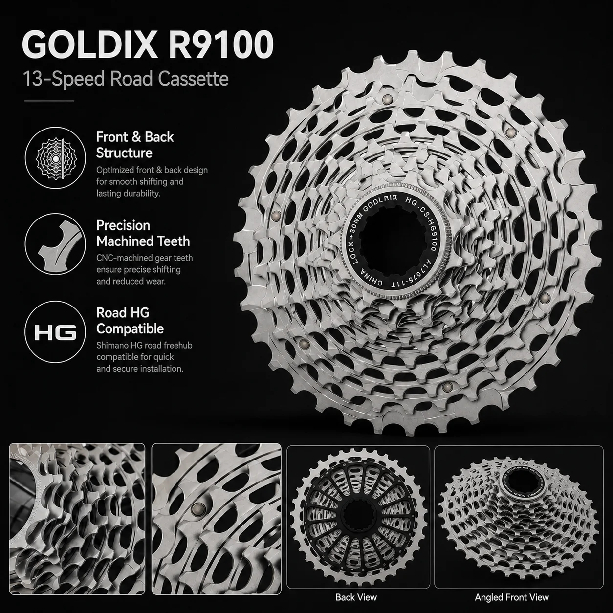 Фото Кассета GOLDIX R9100 13 скоростей для шоссейного велосипеда, 13S 11-34T, сверхлегкая, полностью фрезерованная на ЧПУ, 210 г, цельная стальная звездочка, для втулки HG №2