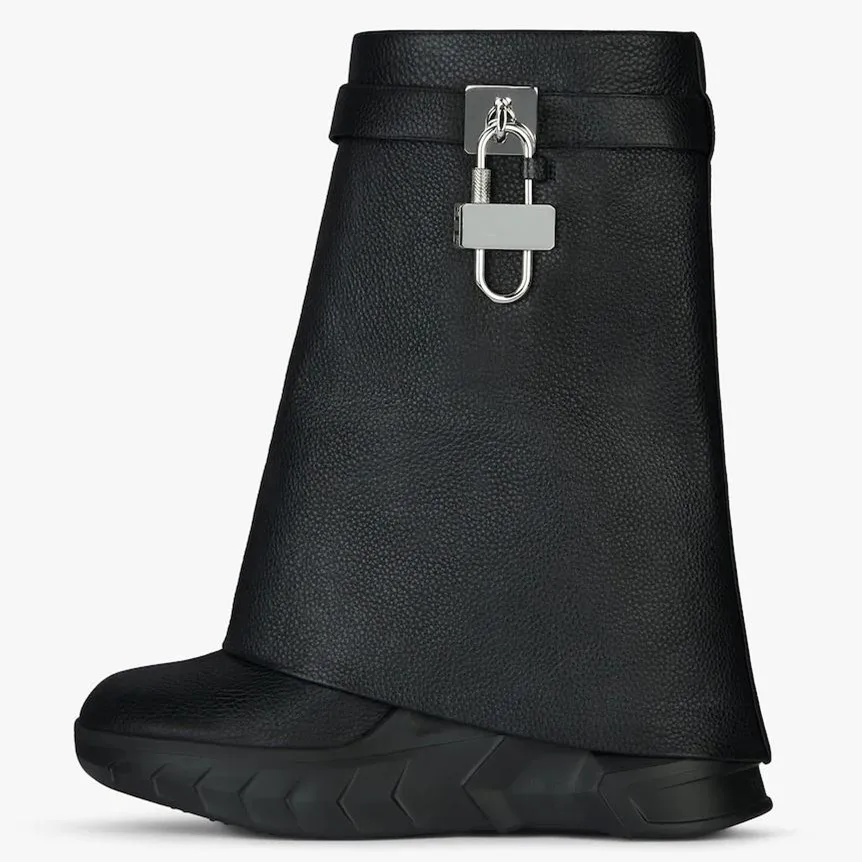 GCYFWJ Shark Lock Women Mid-Calf Boots Woman Genuine Leather Wedge Platform Round Toe Botas Mujer 2022 Metal Decoration Boots