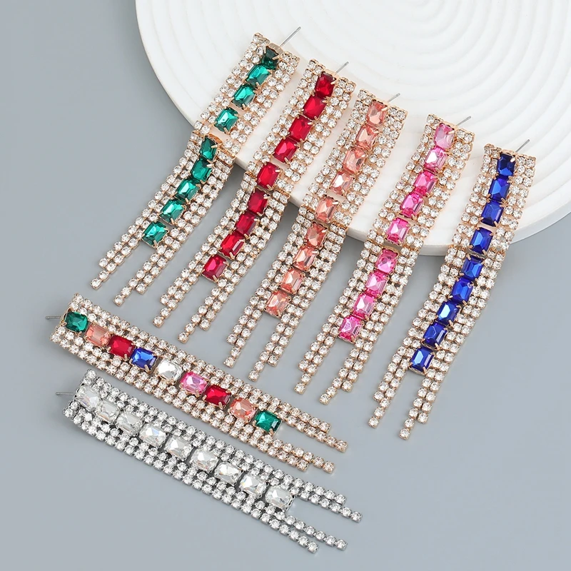 

Stylish Rhinestone Colorful Square Stone Dangle Earrings Wedding Jewelry for Women Crystal Long Fringed Drop Earrings Gfit