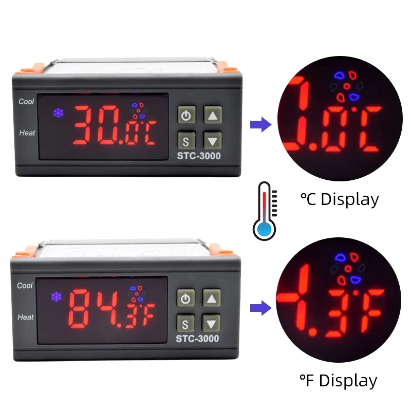 Фото Цифровой микрокомпьютерный терморегулятор STC-3000 LED с дисплеем °C/°F, термостат AC220V DC12V для нагрева и охлаждения №1
