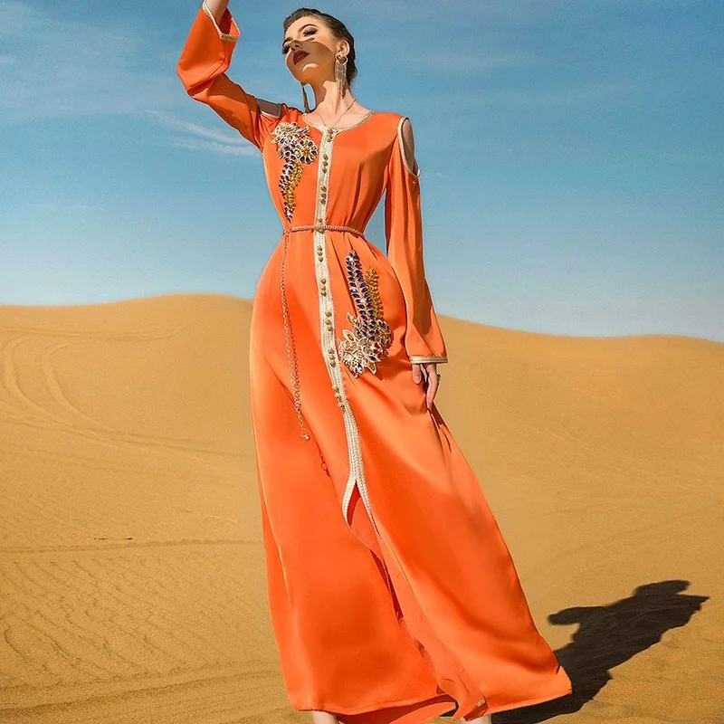 Ramadan Abaya Femme Islam Open Abayat Islamic Clothing Abayas for Women Dubai 2022 Turkey Orange Hand Sewing Drill  Long Dress