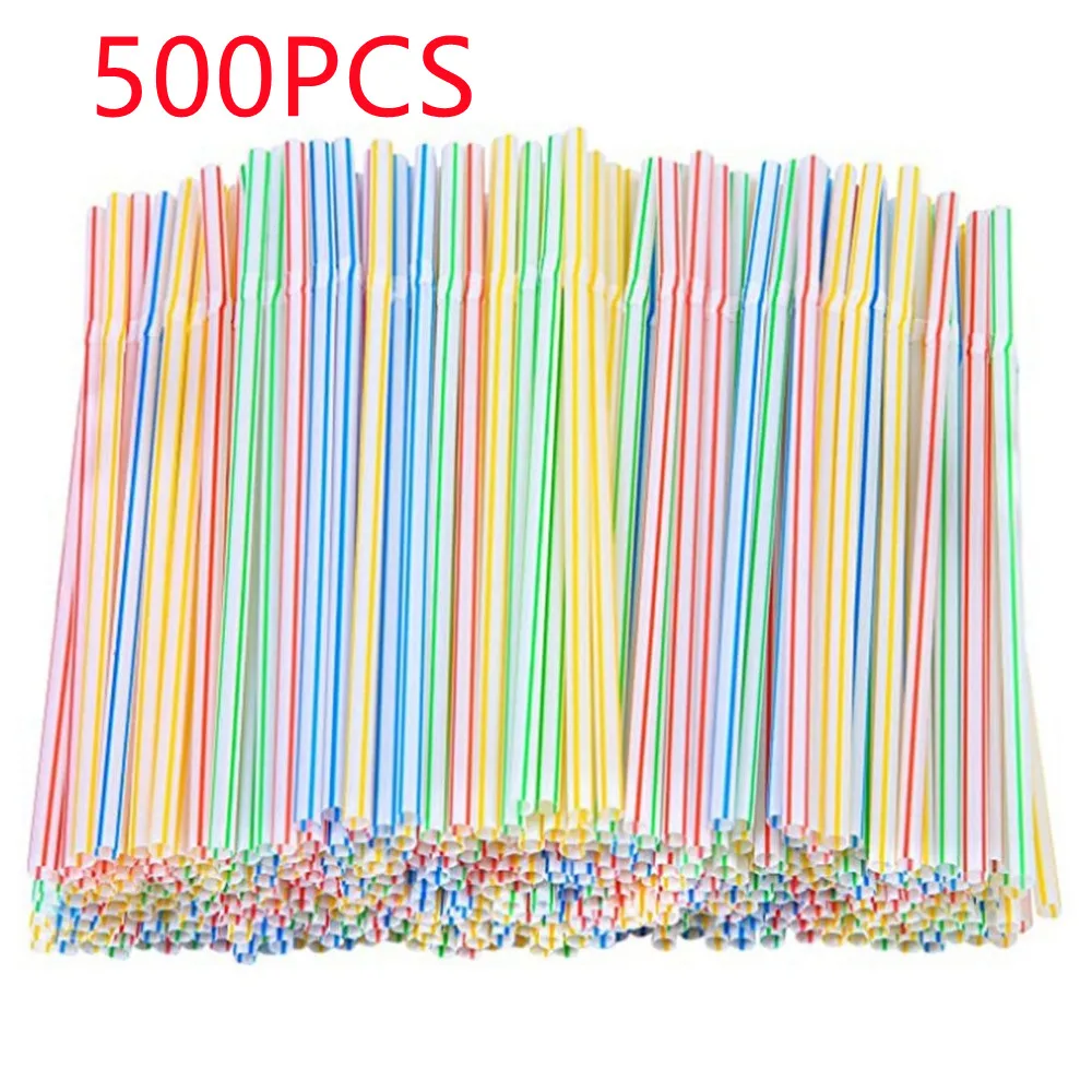 

500 Pcs Disposable Plastic Drinking Straws Multi-Colored Striped Bendable Elbow Straws Party Event Alike Supplies Random Color
