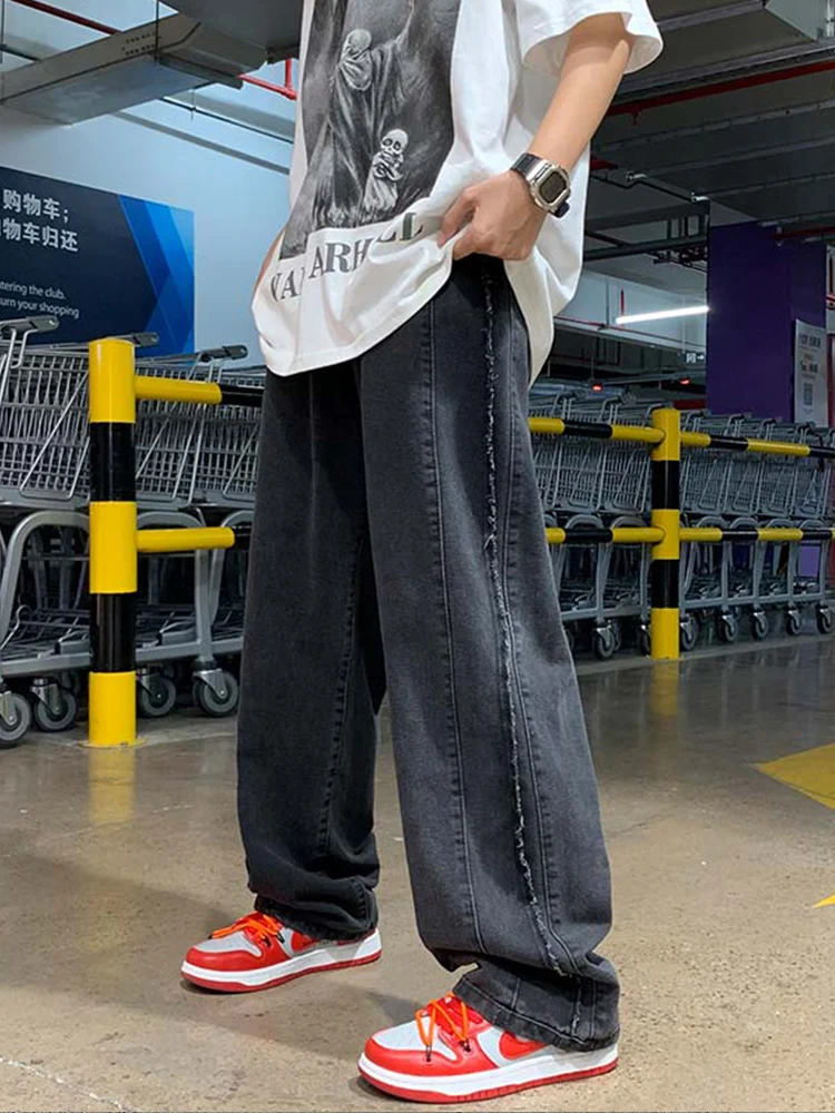 Baggy Jeans Men Fashion Side Stripes Aesthetic Jean Trousers Vaqueros Y2K Autumn Light Blue Distressed Straight Leg Denim Pants