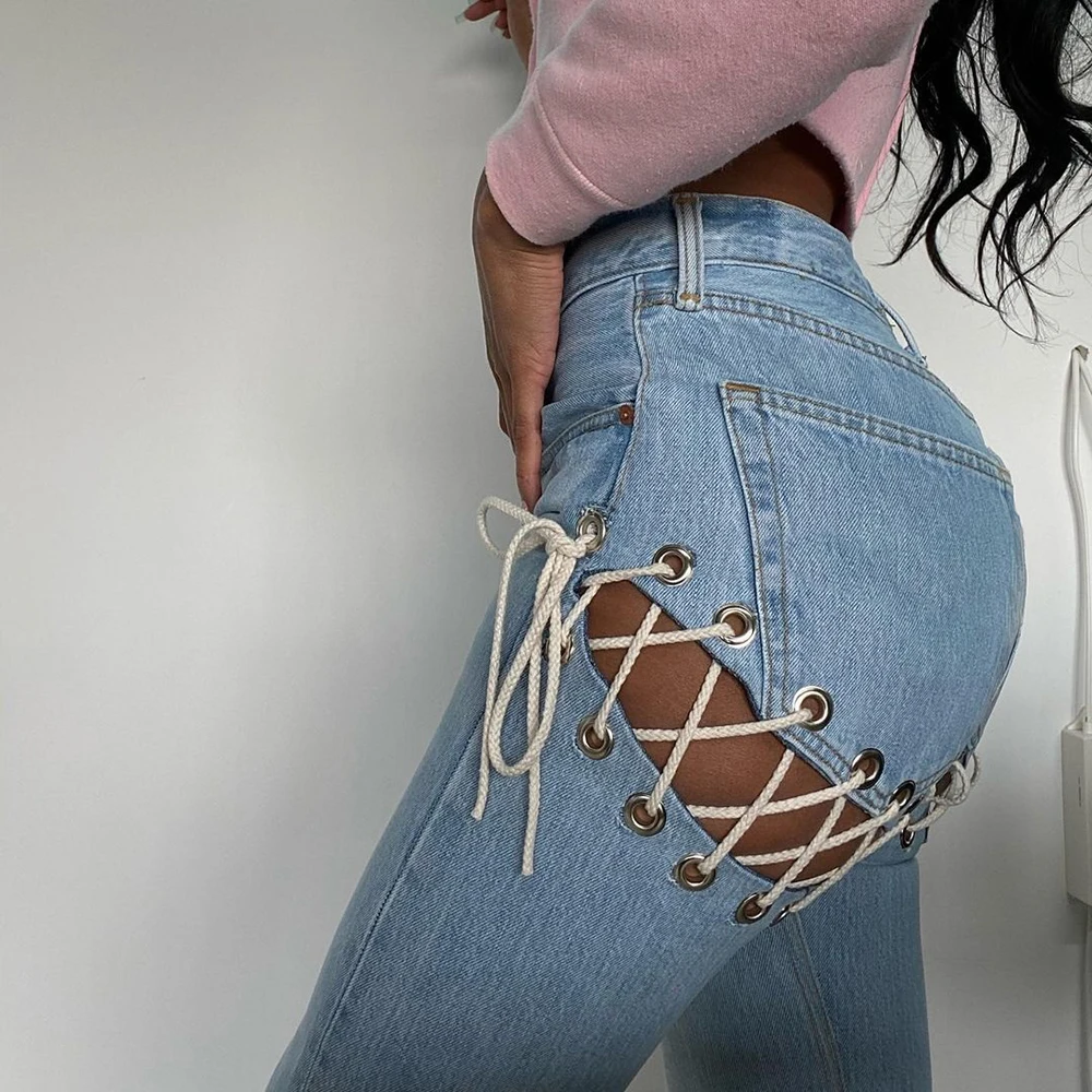 

Women's Casual Jeans Women's Fashion Hollow Harajuku Aesthetic Pants Women's High Waist Denim 9 Points Trendy Jeans