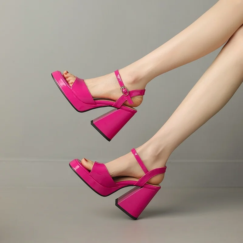 fashion patent leather women sandals summer shoes sexy open toe party wedding shoes woman thick high heels classic beach sandals