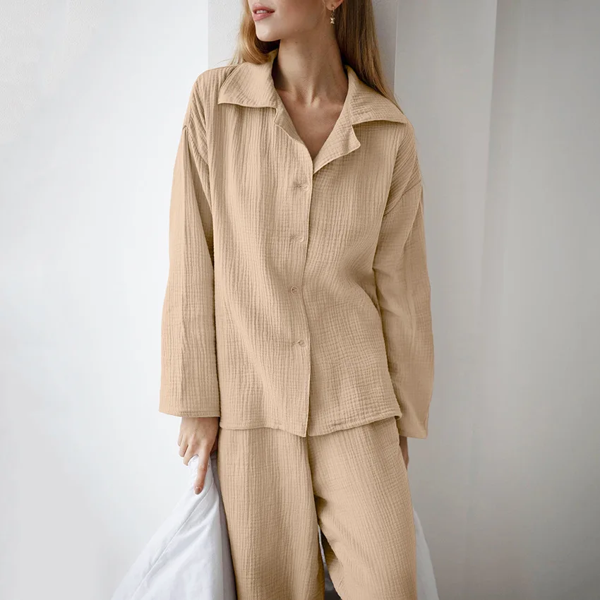 Khaki Pajamas Set Womens Cotton 2 Piece Set Loose Long Sleeve Loose Pajamas Casual Sleepwear Female Home Suits