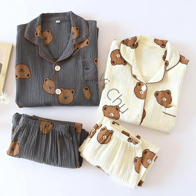 100% Cotton Yarn Couple Long Sleeve Pajamas Home Clothes Women and Men Thin Bear Print Sleepwear Two Piece Set Spring Pyjamas