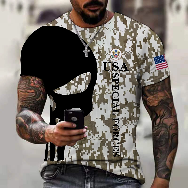 

American flag print desert camouflage t-shirt big skull punisher Harajuku fast sports men's shirt t-shirt