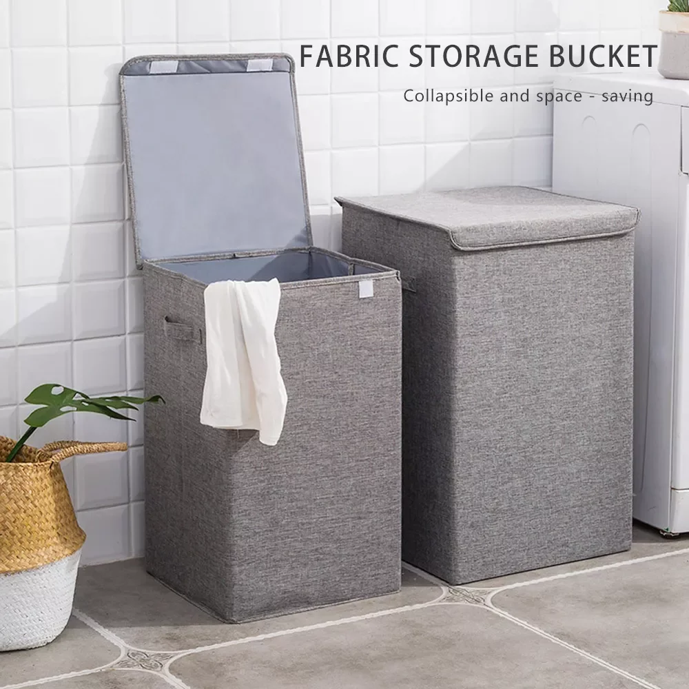 With Cover Cotton Linen Folding Laundry Hamper Large Storage Waterproof Dirty Clothes Bucket Home Laundry Basket Storage Basket