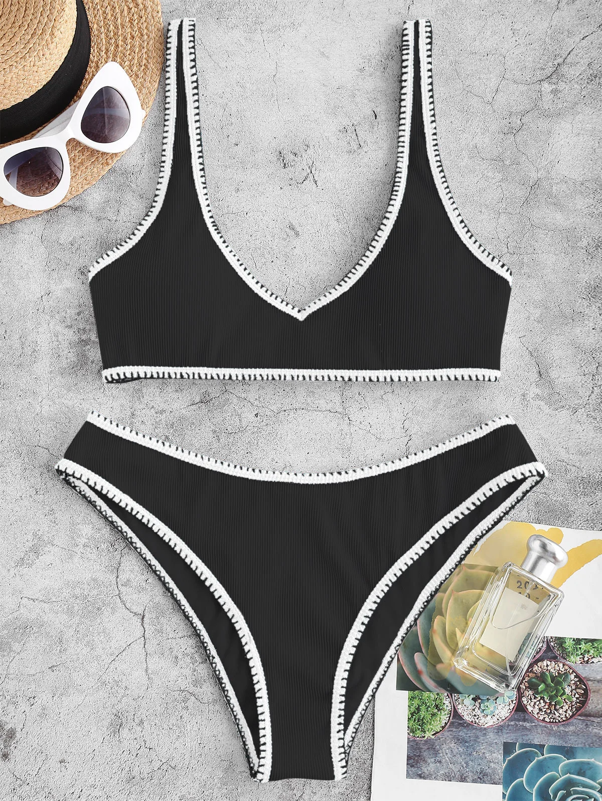 

Sbart Ribbed Contrast Whip Stitching Padded Bikini Swimwear Padded Bikini Two Piece Swimwear Contrast Trim Bikini
