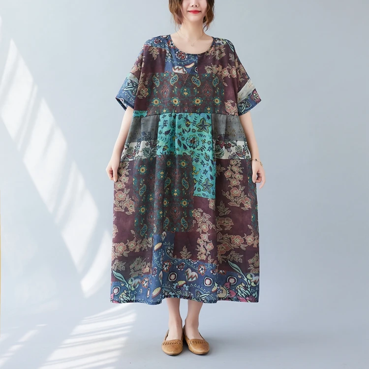 

SuperAen Vintage Printed Round Neck Half Sleeve Dress Oversized Loose Thin Cotton and Linen Dress for Women Summer