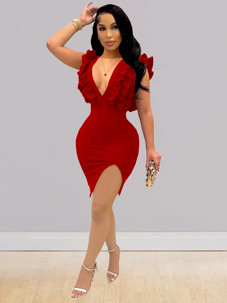 

Ruffle Shoulder Women Bodycon Dress Short Female Solid Deep V Neck Sleeveless Ruched Club Party Elegant Cocktail Prom Dresses