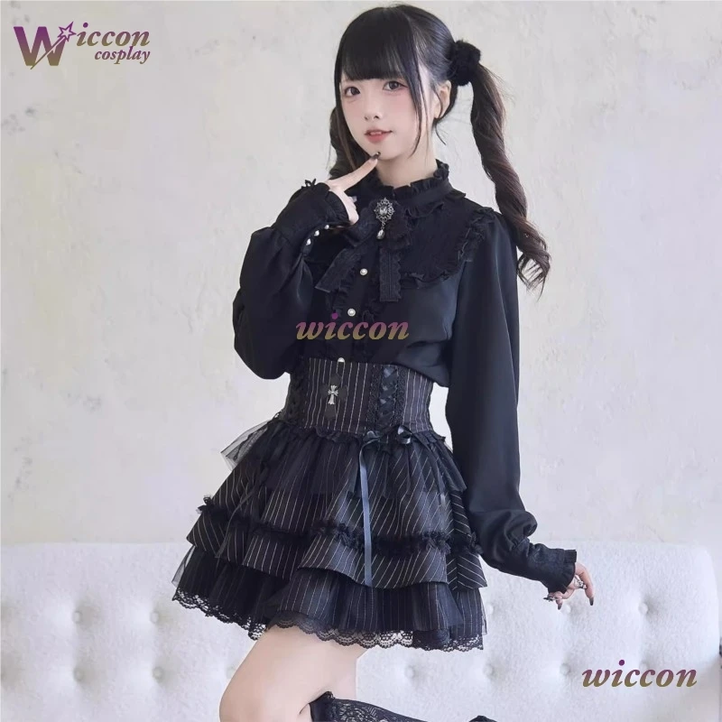 Фото CosR Блузка для девочек Топ Женская рубашка с длинным рукавом Jirai kei Outfit Lolita Kawii Bow Черные юбки Рубашка Y2K Sweet Japanese Lady Style №1