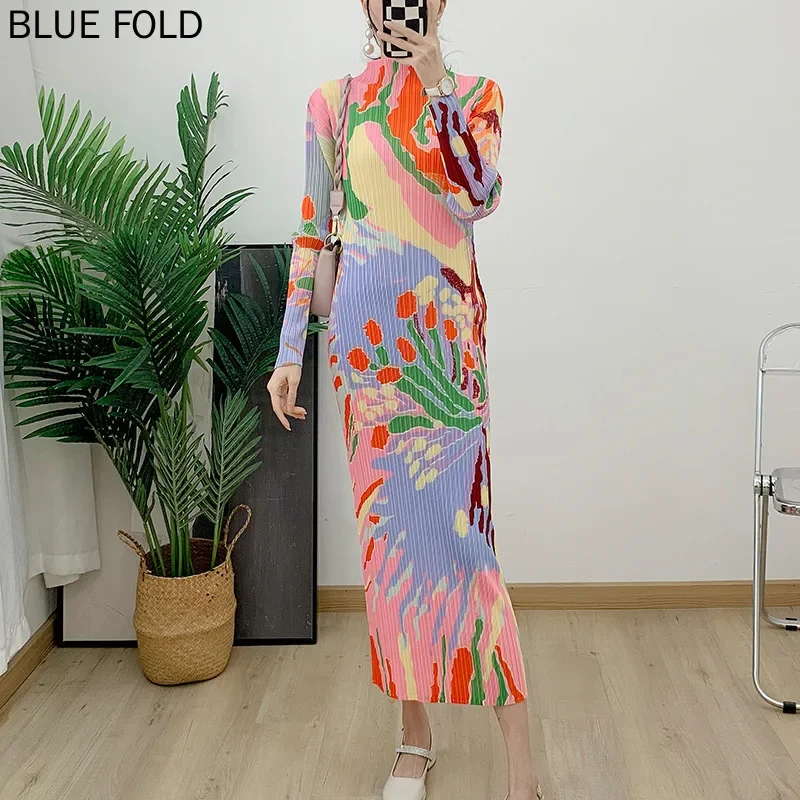 MIYAKE-Плиссированное женское платье с принтом прямое длинное воротником до