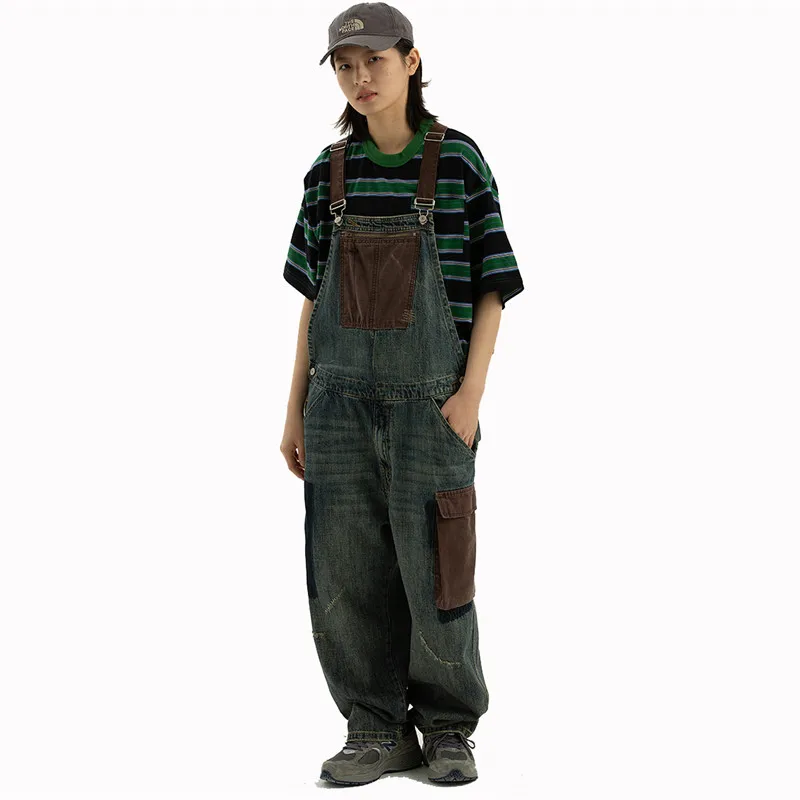 

Men's Loose Fit Denim Bib Overalls Baggy Workwear Jeans Jumpsuit With Multi Pockets Vintage Suspender Pants For Male