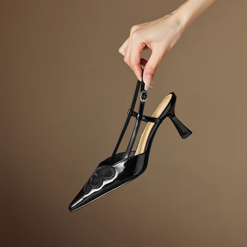 

Женские босоножки из натуральной кожи, босоножки из воловьей кожи, овчины и свиной шкуры, с вырезами и заостренным носком, на высоком каблуке 22-2023 см, лето 24,5