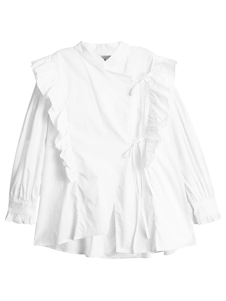 [EAM] Женская черная блузка большого размера с поясом и оборками новая свободная