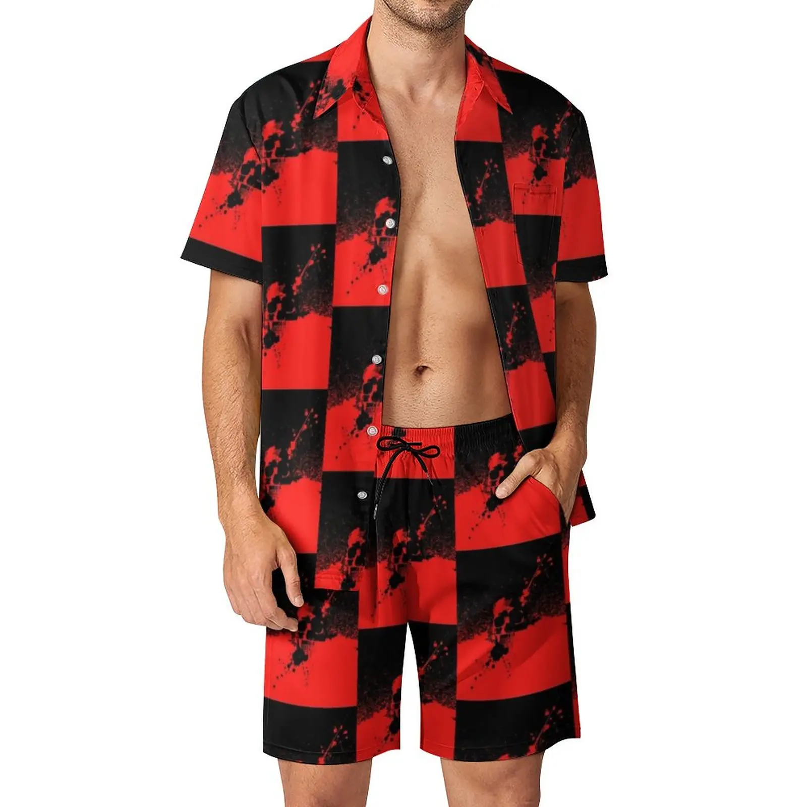 

Two Tone Macabre Men Sets Gothic Black Red Casual Shirt Set Streetwear Vacation Shorts Pattern Suit 2 Piece Clothes Plus Size