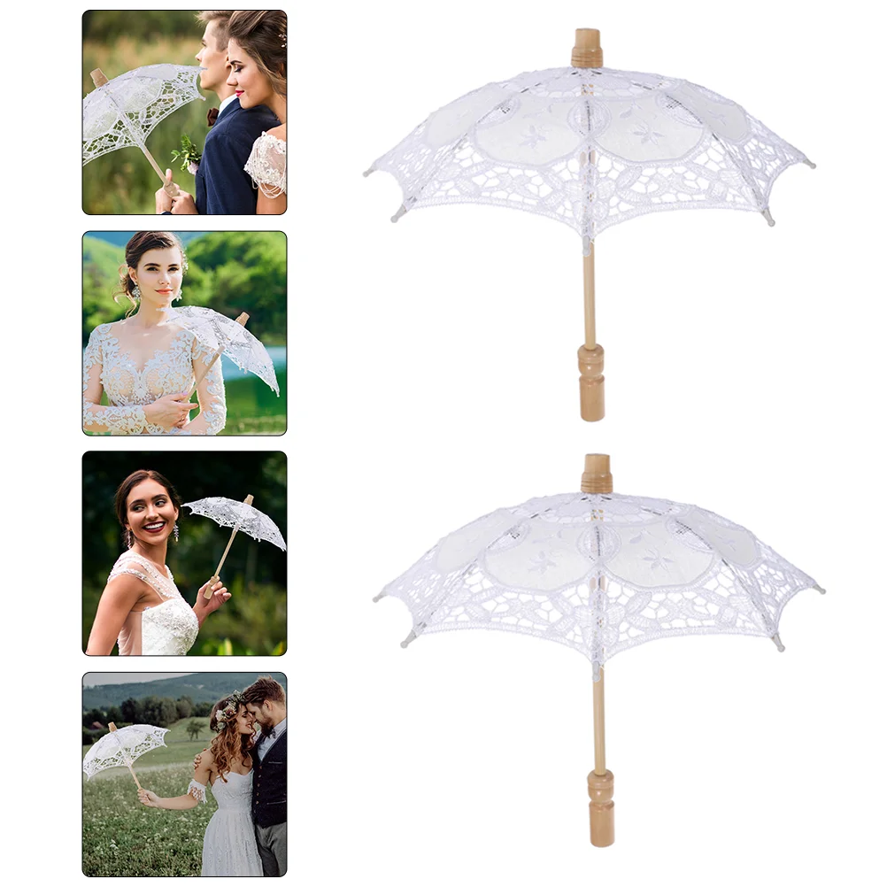 

2 Pcs Flower Umbrella Cotton Decor Tea Party Elegant Craft Bride Parasol Bridal Wood Handle Lace Wedding Miss Girls