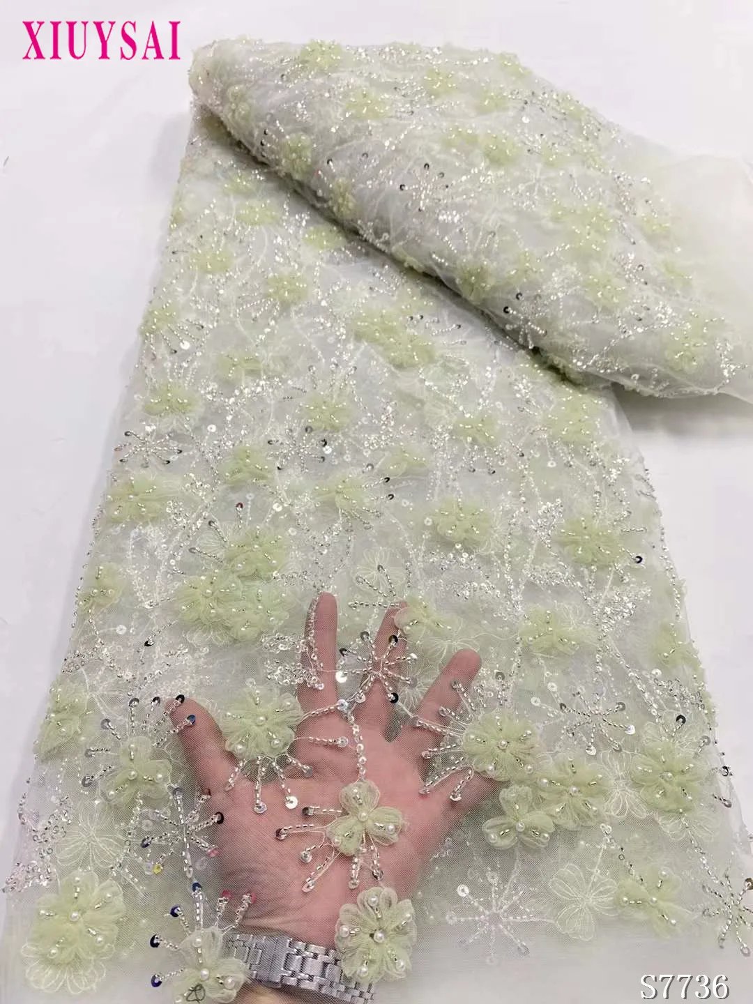 

2024 Latest Beaded African Lace Fabric Sequins Embroidery French Mesh Lace Fabric Nigerian Tulle Lace Fabric For Party