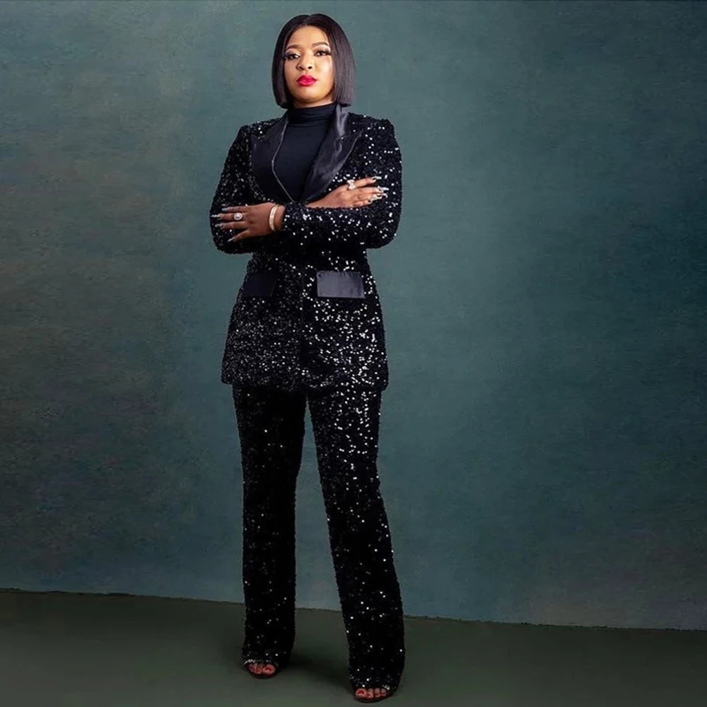 

Черные блестящие женские деловые костюмы с блестками, облегающий атласный блейзер с лацканами и брюки, новейший дизайн, женское вечернее пл...
