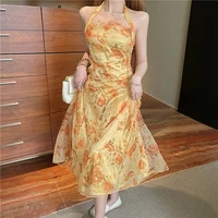 spring summer floral suspender chiffon beach style dress printing slash neck mounted robes sexy elegant backless dress for women