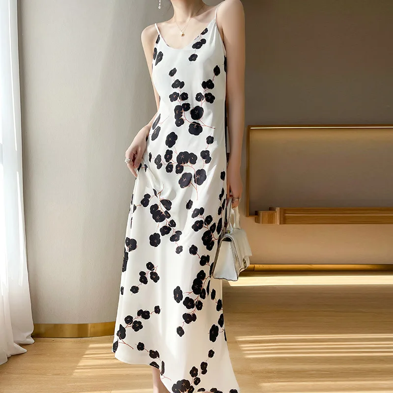 

CUPNICE 2022 Summer Floral Print Loose Split Dress for Women Casual V-neck Spaghetti Strap Elegant French Style Sundress Female