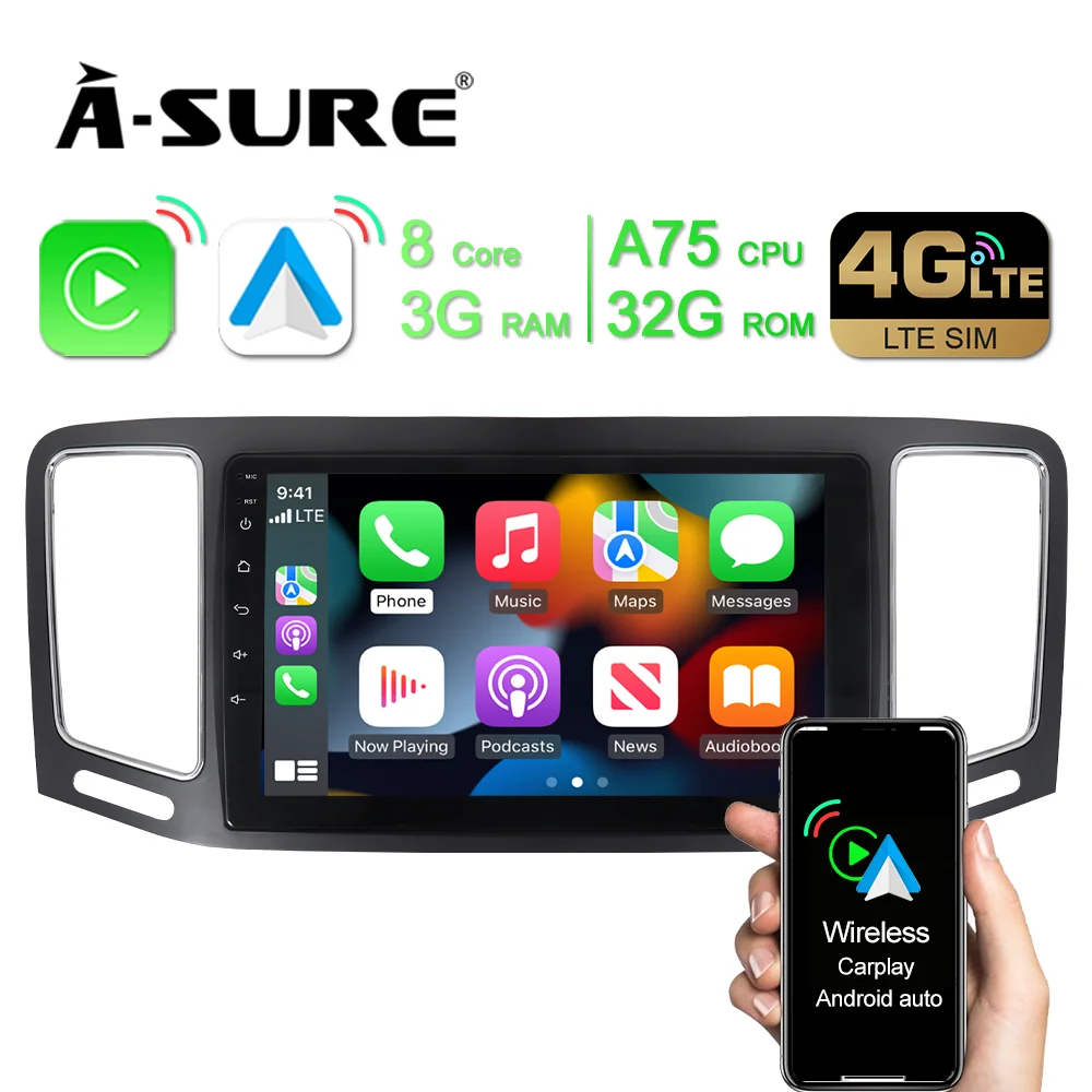 

A-SURE 2 Din 9 Inch Android 10 Car Radio Wireless CarPlay GPS Navigation For VW Sharan Seat Alhambra Octa-Core 3+32GB DSP WIFI