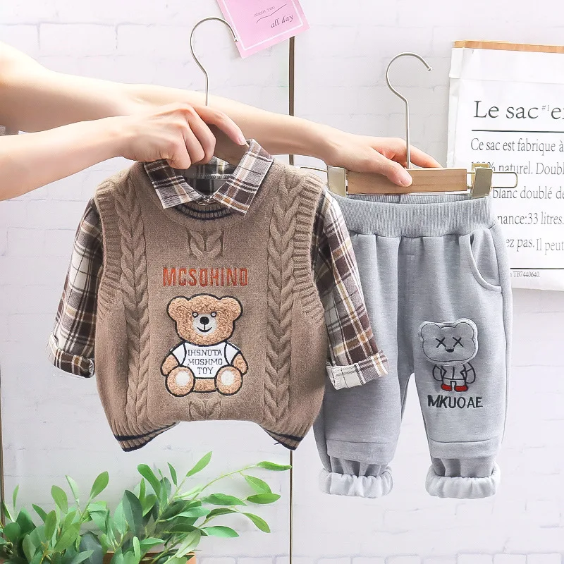 

Baby Boys Handsome Clothes Sets Autumn Spring New Infant Kids Cartoon Sweat Vest+plaid Shirt+Pants Toddler Fashion 2PCS Outfits