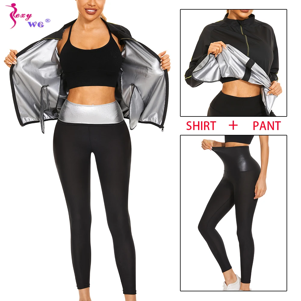 

SEXYWG Women Sauna Suit Sweat Set Weight Loss Pant Jacket Slimming Top Workout Leggings Trousers Body Shaper Fitness Fat Burner