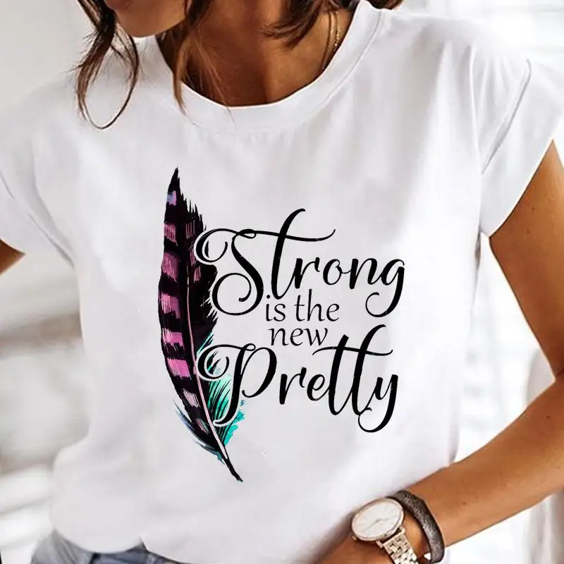 

Women Cartoon Print Feather Letter Vintage Lovely Tops Graphic Tees Female Tshirt Fashion Clothes Short Sleeve Lady T-Shirt