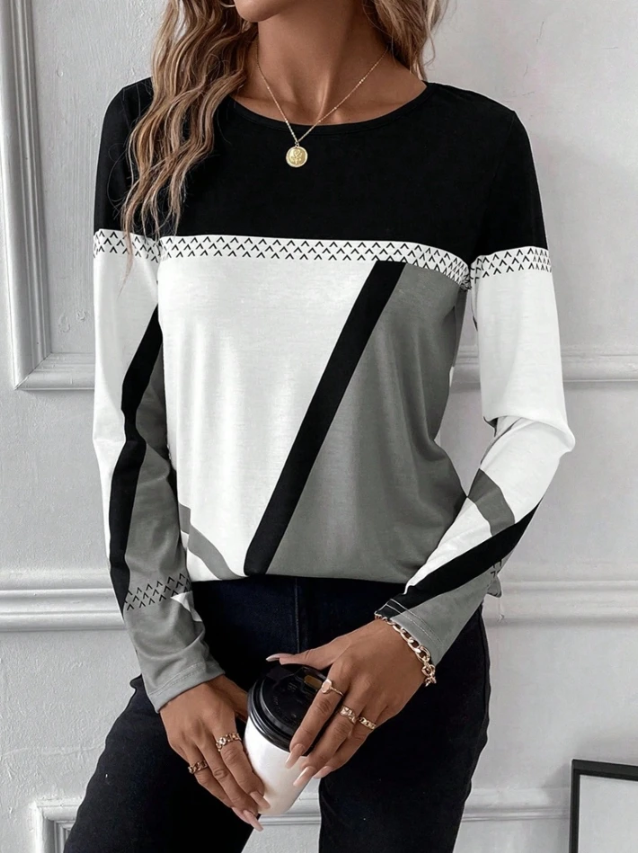 

Women's T-Shirt 2023 Autumn New Pullover Round Neck Contrast Panel Geometric Print Top Long Sleeve T-Shirt Daily Casual Top